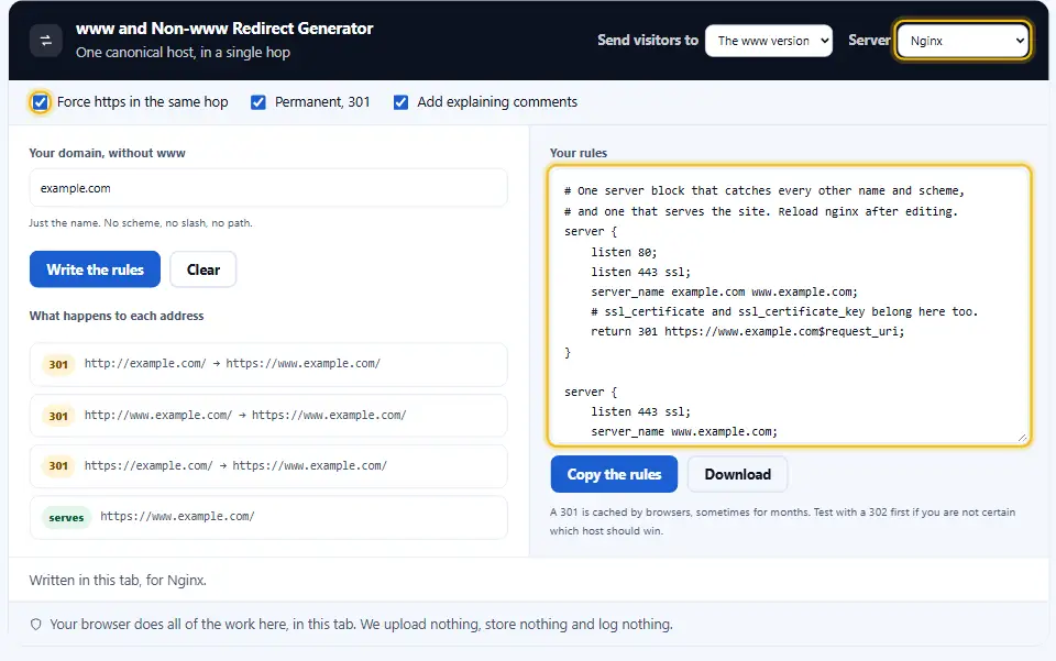 مولّد إعادة توجيه WWW مع اختيار خادم nginx وفرض HTTPS فيكون الإخراج كتلة خادم nginx