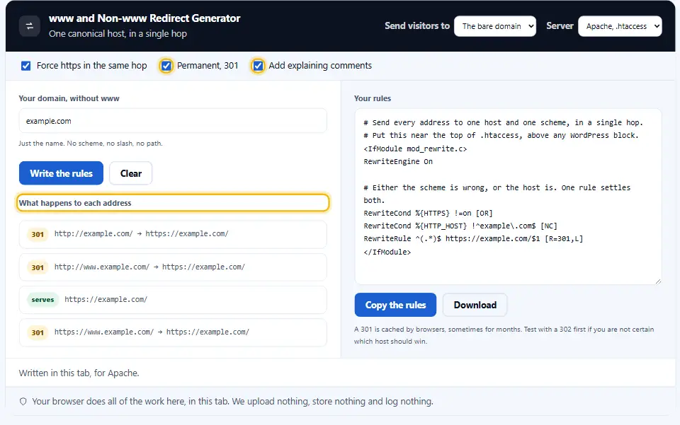 Générateur de redirection WWW avec une redirection permanente et les commentaires cochés et, en dessous, la liste des étapes pour installer les règles