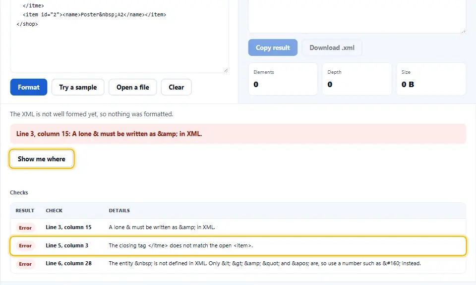 Validador XML que muestra una etiqueta de cierre que no coincide y una entidad no definida, cada una con su línea y columna, y el botón Muéstrame dónde bajo la línea de estado