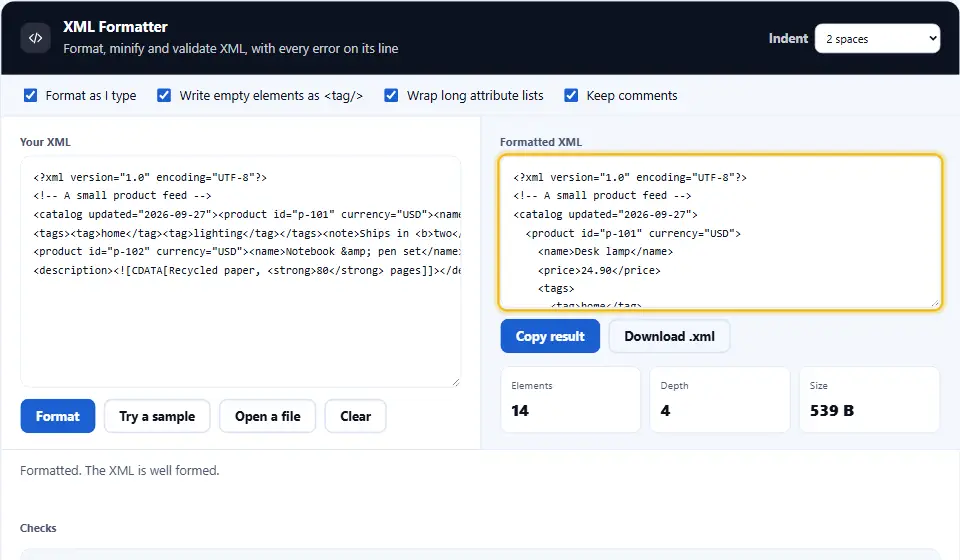 Formateador XML que muestra un feed de productos pasado de una línea larga a XML con sangría, conservando el comentario, la sección CDATA y un párrafo con una palabra en negrita
