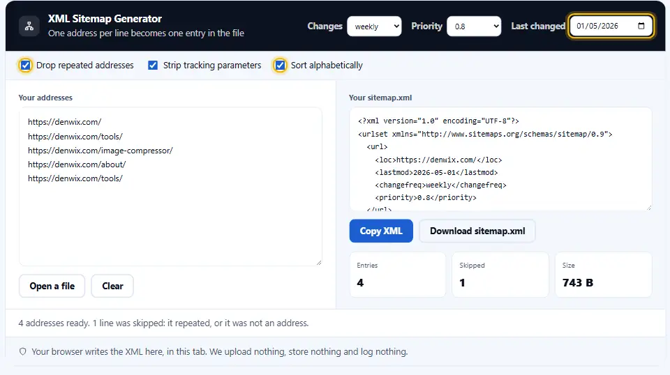 Generador de sitemap XML con una fecha de última modificación, duplicados eliminados y la lista ordenada, que da un sitemap limpio