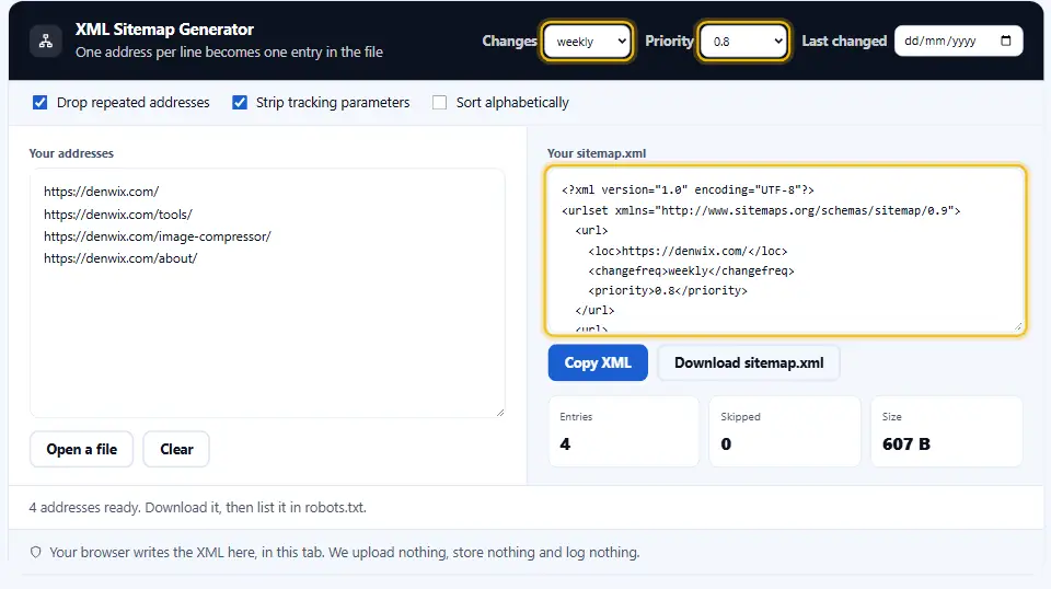 Generatore di sitemap XML con frequenza di modifica settimanale e priorità 0.8 scelte, aggiunte a ogni voce url dell’output