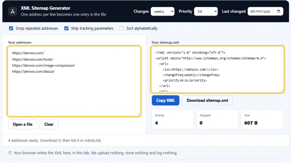 XML-Sitemap-Generator mit einer Liste von Seitenadressen links und dem fertigen Sitemap-XML rechts