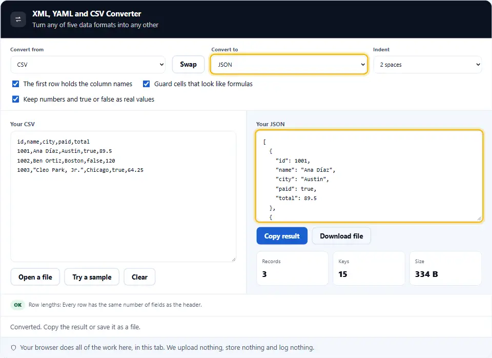 Datenformat-Konverter mit CSV als Eingabe und JSON als Ausgabe, mit typisierten Werten