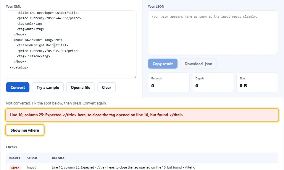 محول XML إلى JSON يبلّغ عن وسم إغلاق غير مطابق مع سطره وعموده، بجانب زر أرني المكان
