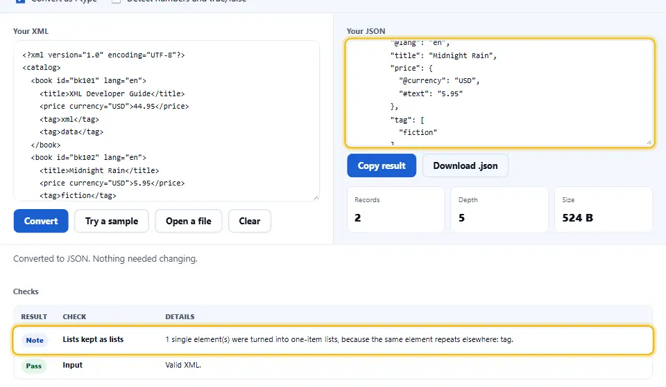 XML to JSON converter output where a book with a single tag still gets a list, with the checks table explaining that lists were kept as lists