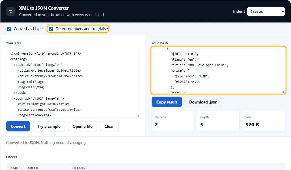 XML to JSON converter with number detection switched on, showing prices as JSON numbers while attributes and text stay readable