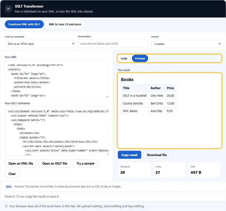 Trasformatore XSLT che mostra la scheda Anteprima con una tabella di libri ordinati per prezzo