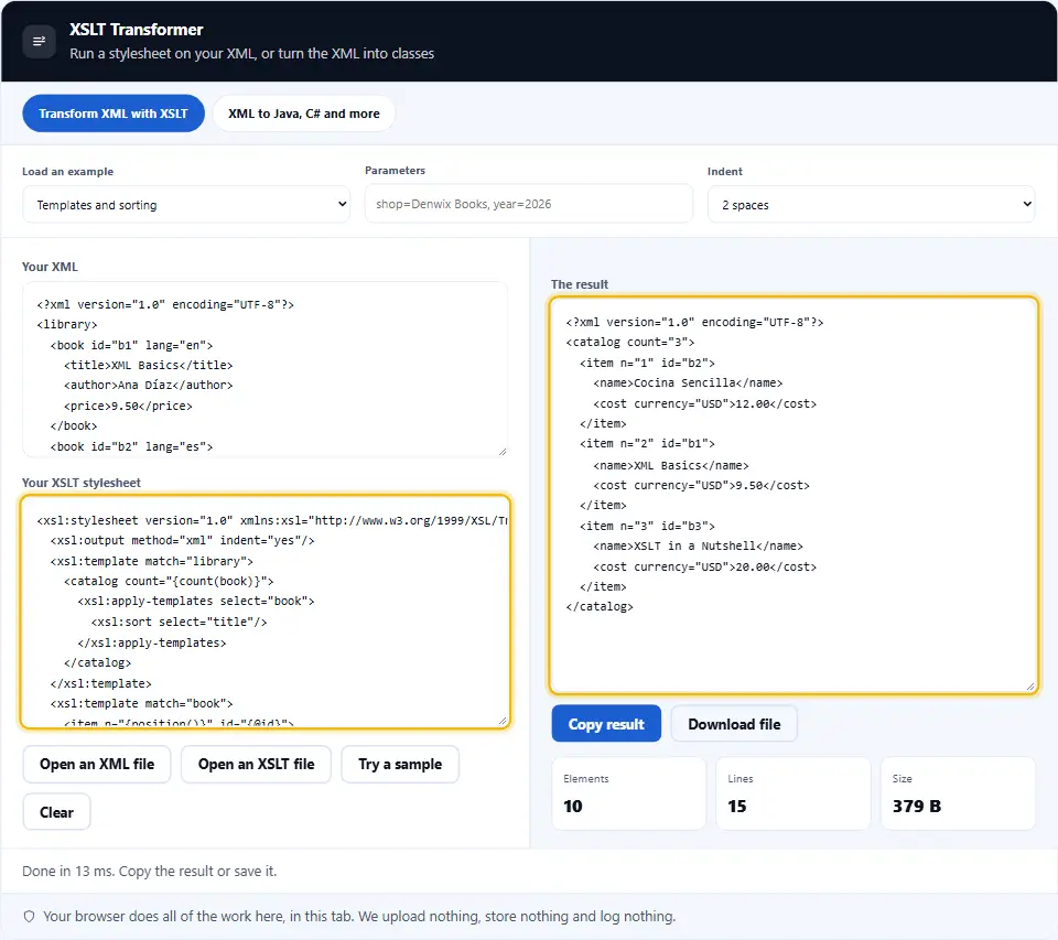 XSLT transformer online with XML and a stylesheet using templates and sorting on the left and the transformed XML on the right