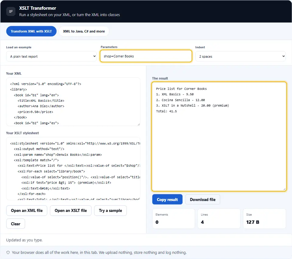 XSLT transformer with a text output stylesheet and a parameter, showing a plain text price list