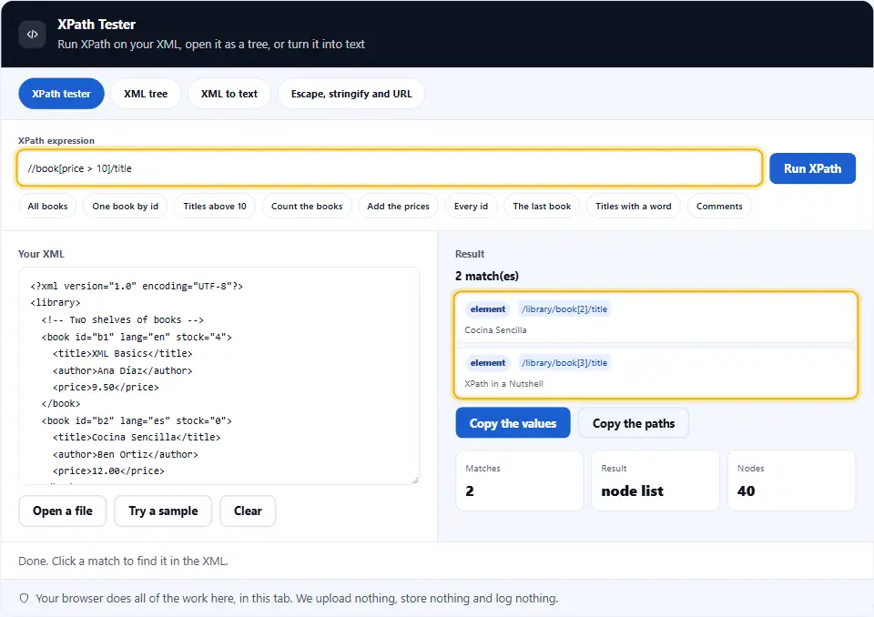 Tester XPath online con l'espressione dei libri sopra dieci, che mostra due risultati con i loro percorsi e valori accanto all'XML