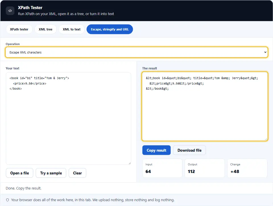 Herramientas de cadena del probador de XPath en modo escape, convirtiendo caracteres XML en entidades