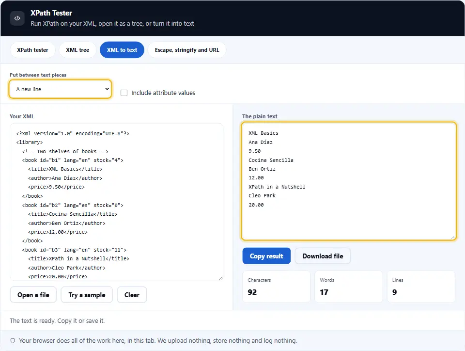 Convertitore da XML a testo che mostra l'XML a sinistra e il testo semplice con un valore per riga a destra