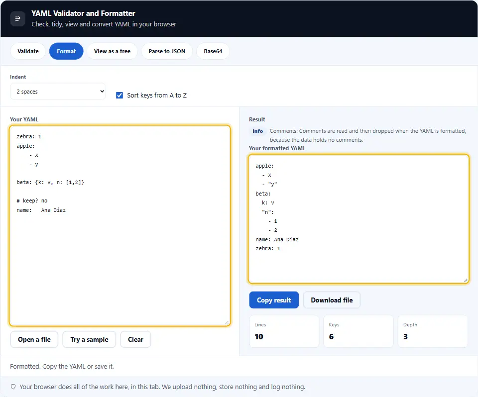 Formattatore YAML online che riordina un YAML disordinato con rientri puliti e chiavi ordinate