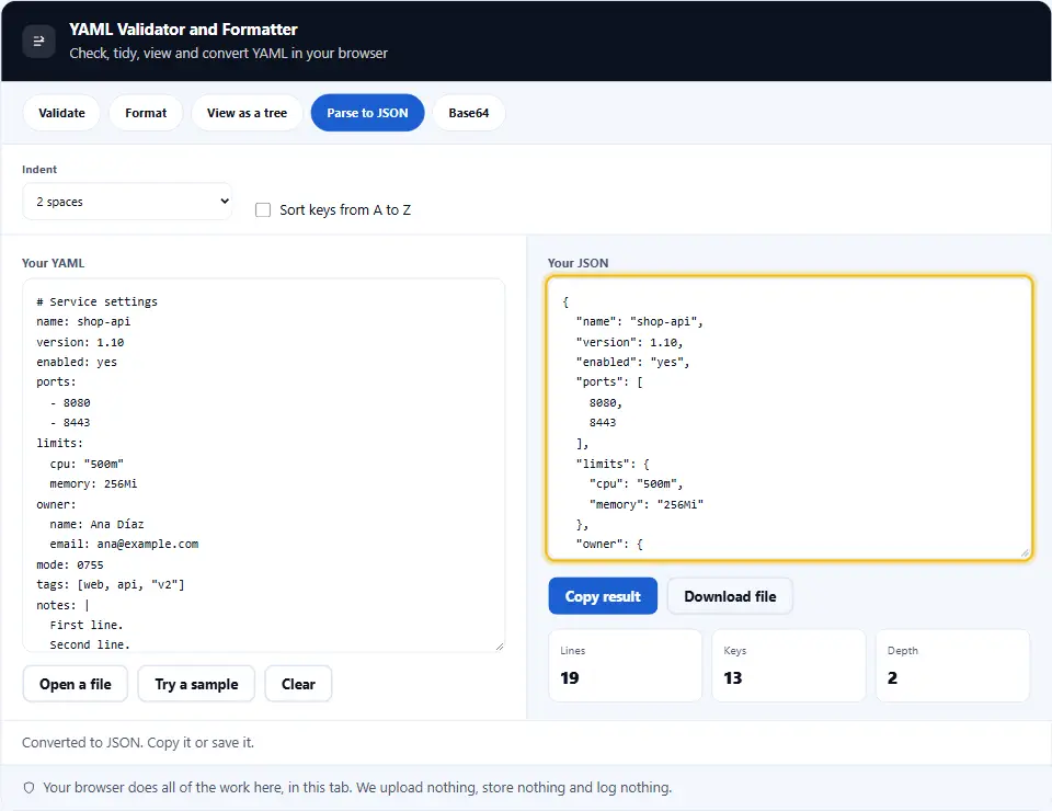 YAML convertito in JSON, con il YAML a sinistra e il JSON formattato a destra