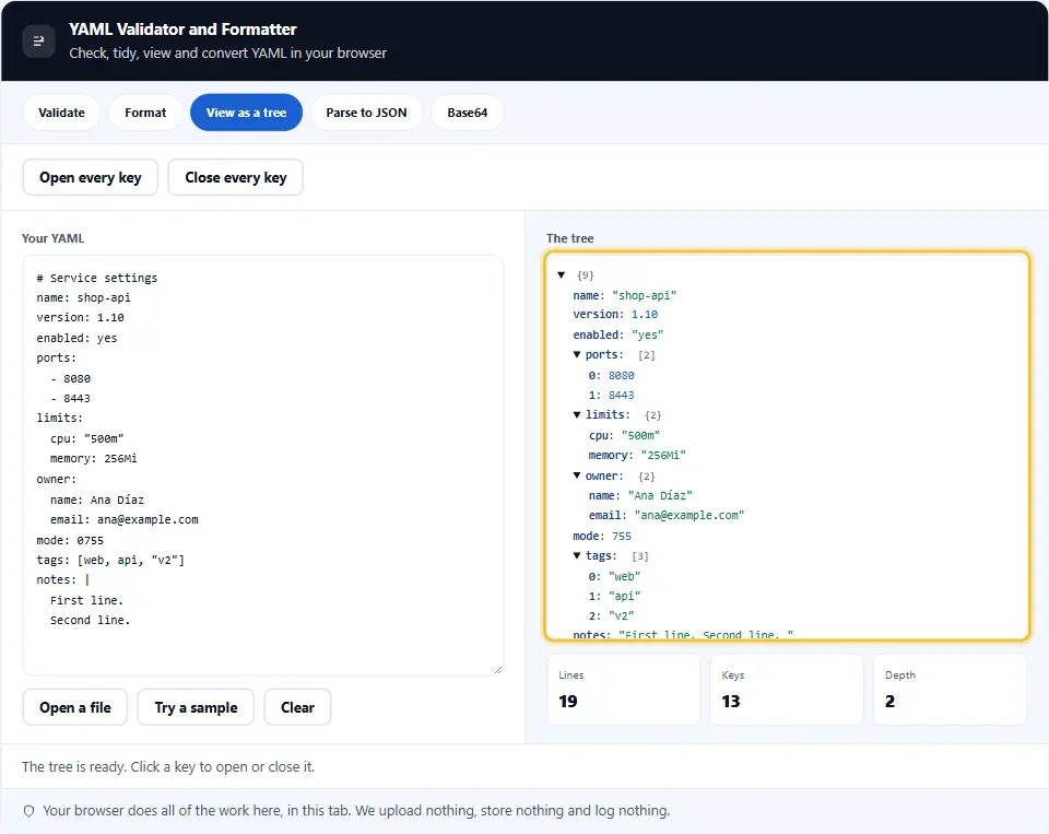 Visualizzatore YAML online con un file di impostazioni ad albero, chiavi apribili e valori colorati