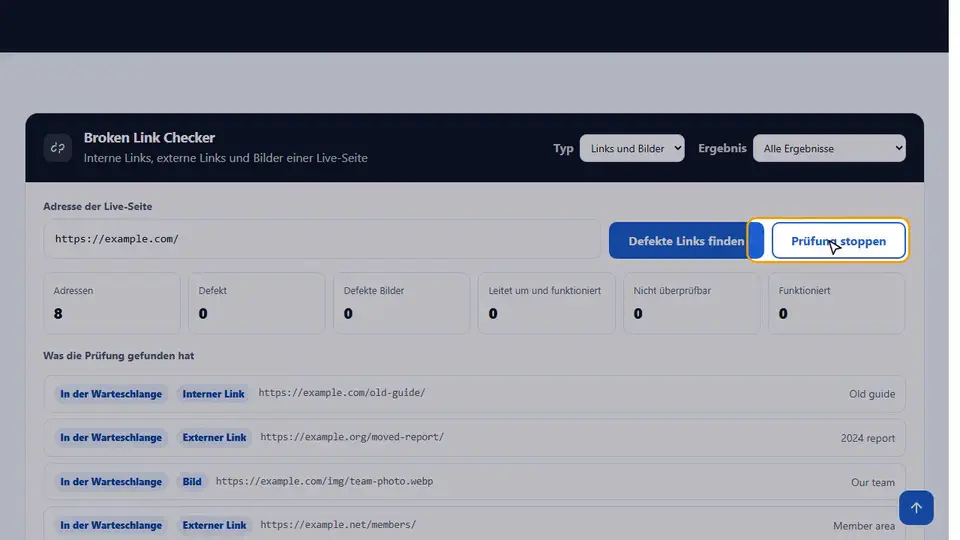 Der Broken Link Checker im Einsatz, von Anfang bis Ende