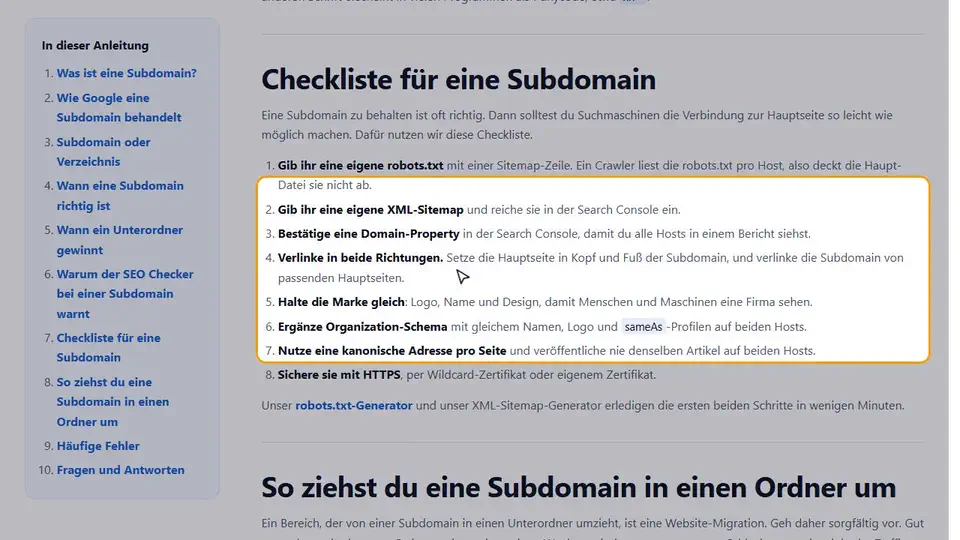 So prüfst du eine Seite auf die Subdomain-Warnung