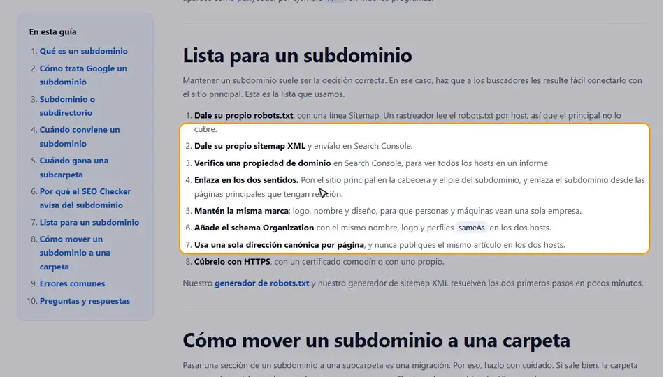 Cómo revisar el aviso de subdominio en una página