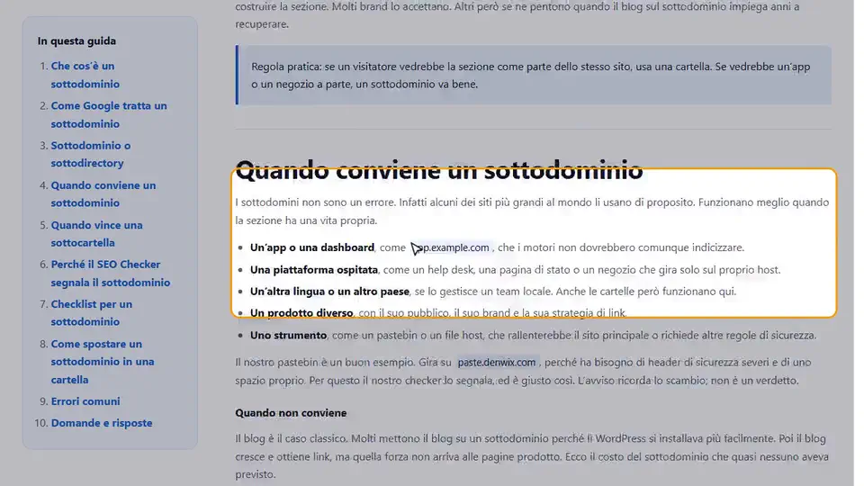 Come controllare l’avviso sul sottodominio in una pagina